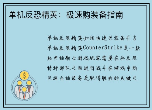 单机反恐精英：极速购装备指南